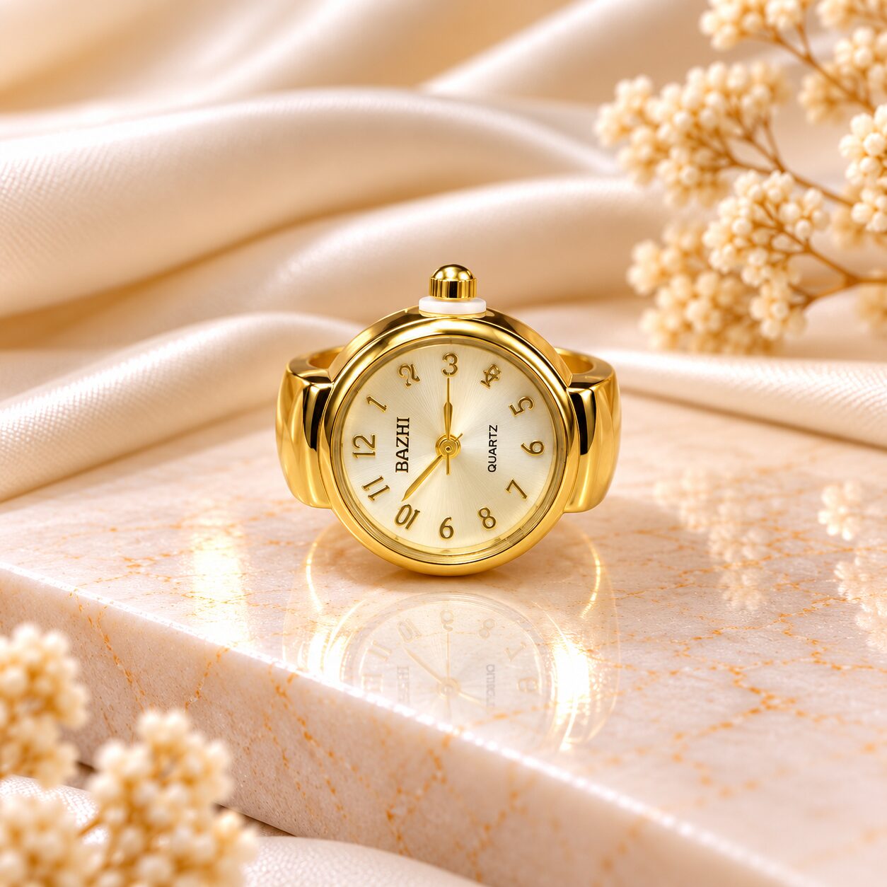 2026/10/1003582031.jpg Luxury Gold-Tone Round Dial Ring Watch | Elegant Korean Style Fashion Watch - Image 1