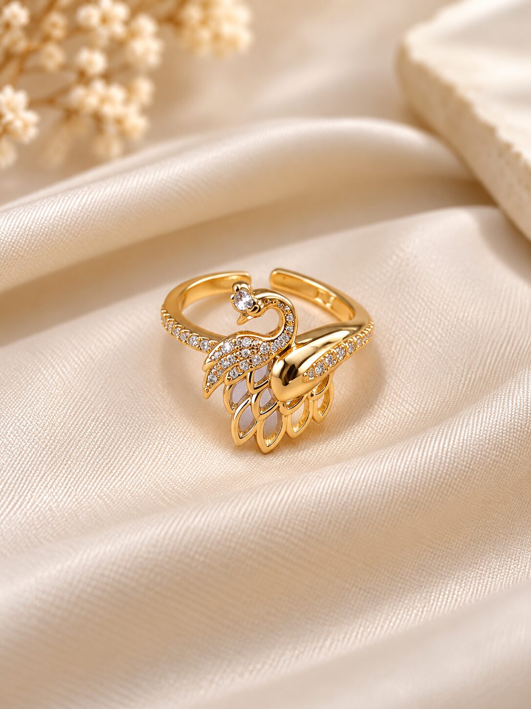 2026/10/1003582109.jpg Elegant Swan Design Crystal Adjustable Ring – Gold Finish - Image 1