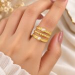 Elegant Pearl Beaded Triple-Layer Adjustable Ring – Gold Finish