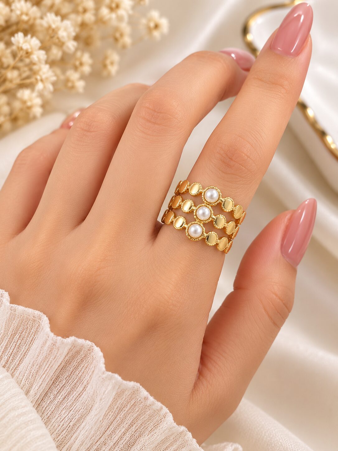 2026/10/1003582115-1.jpg Elegant Pearl Beaded Triple-Layer Adjustable Ring – Gold Finish - Image 1