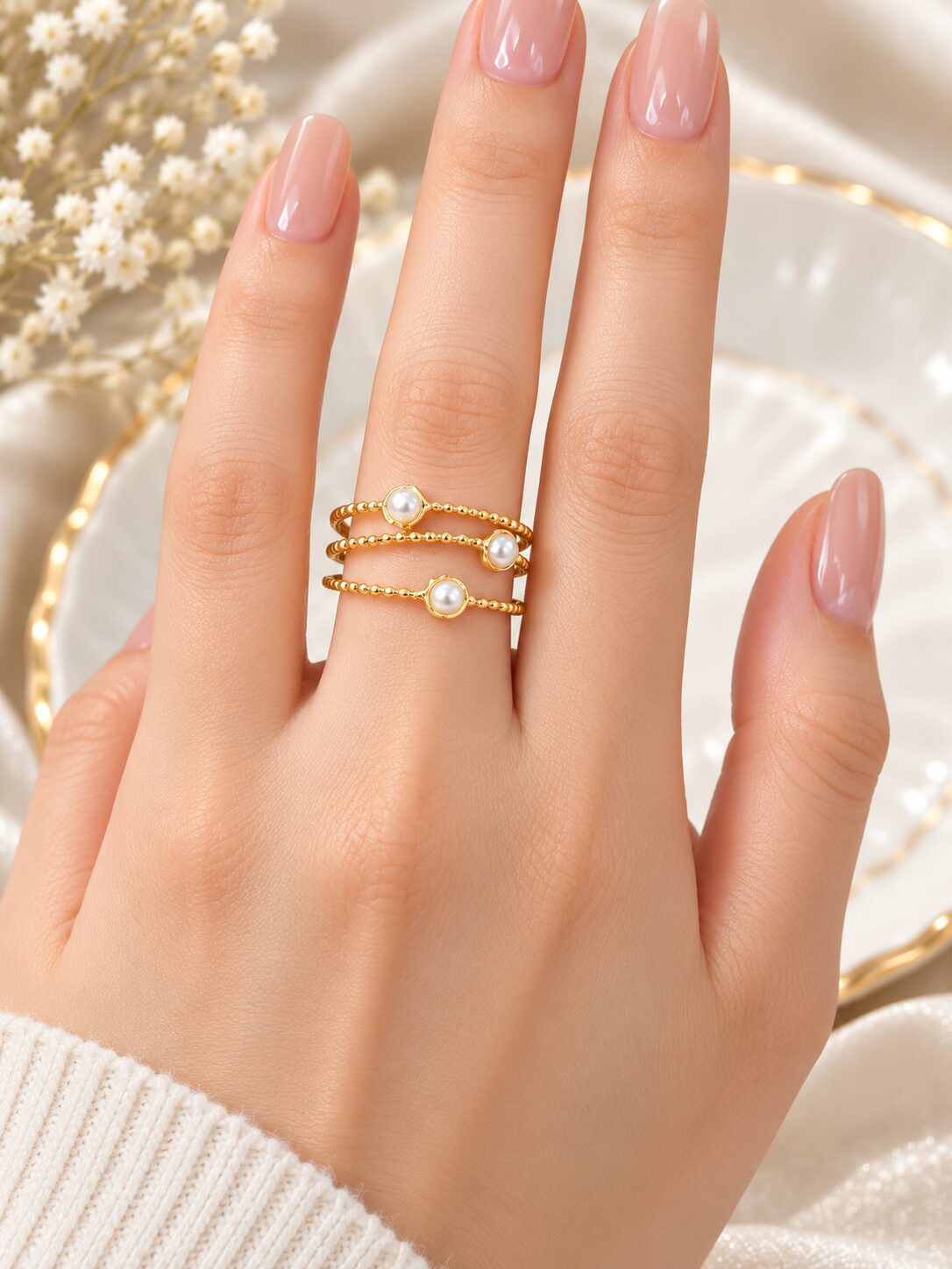2026/10/1003582152.jpg Pearl Triple-Layer Gold Ring – Elegant Designer Jewellery - Image 1
