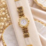 Royal Pearl Embellished Gold Watch – Designer Bracelet Watch