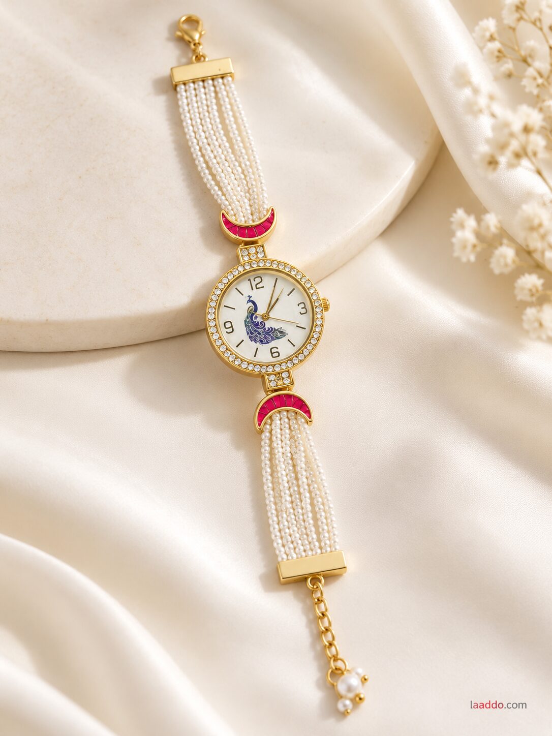 2026/10/1003582166.jpg Elegant Pearl Strap Peacock Dial Women’s Bracelet Watch - Image 1