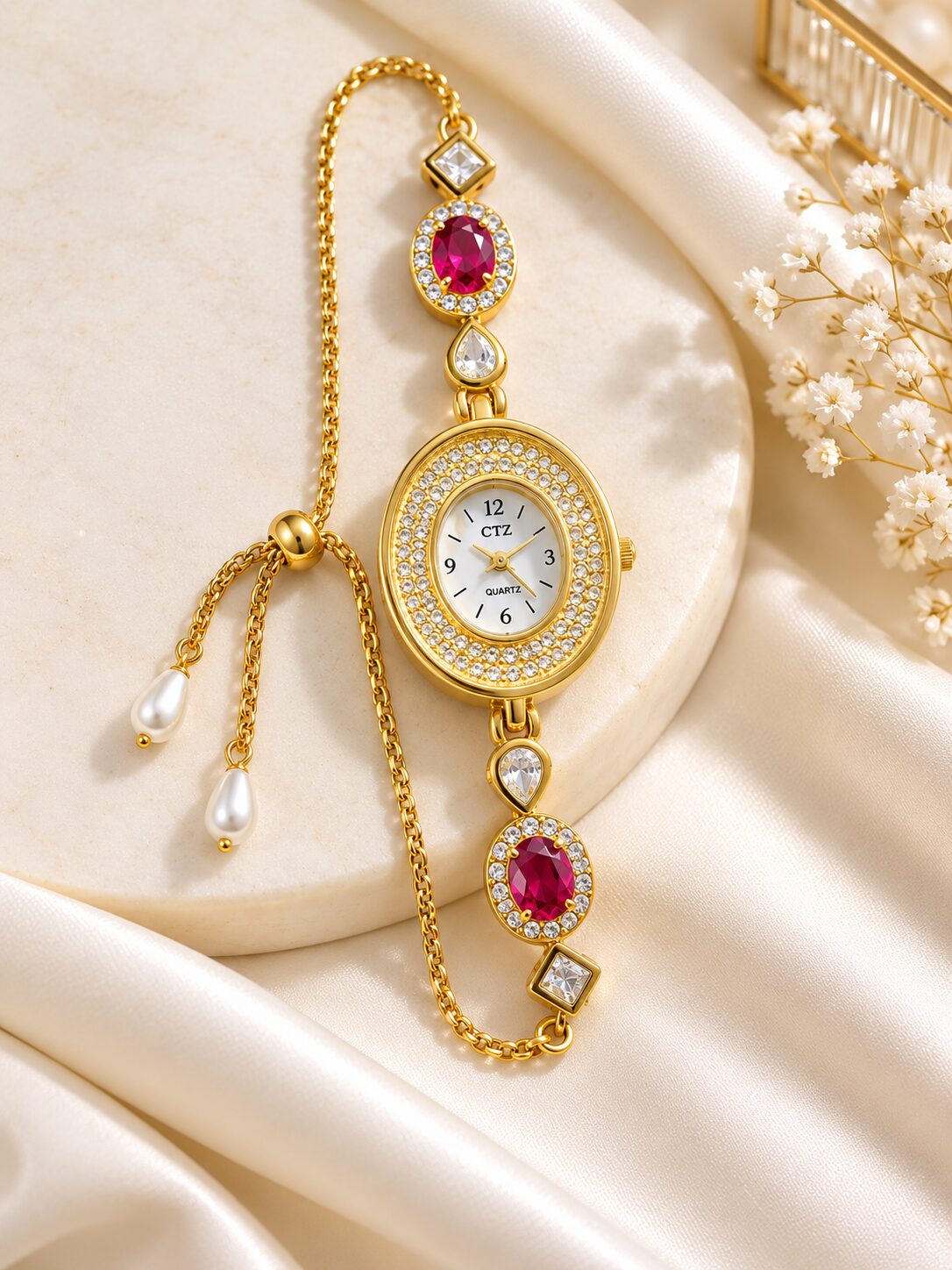 2026/10/1003582172.jpg Elegant Ruby Stone Chain Bracelet Watch for Women - Image 1