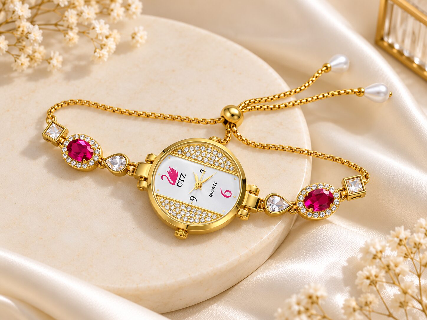 2026/10/1003582174.jpg Elegant Ruby Stone Chain Bracelet Watch for Women - Image 1