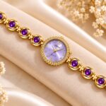 Elegant Purple Stone Gold Bracelet Watch for Women