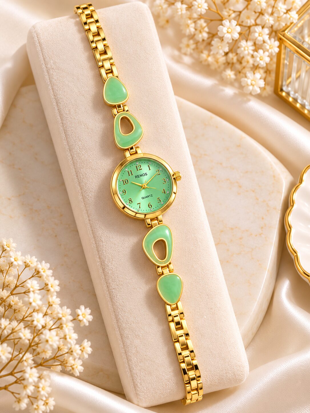2026/10/1003582182.jpg Elegant Green Stone Gold RENOS Women’s Bracelet Watch - Image 1