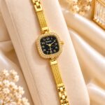 Elegant Black Dial Gold RENOS Crystal Bracelet Watch