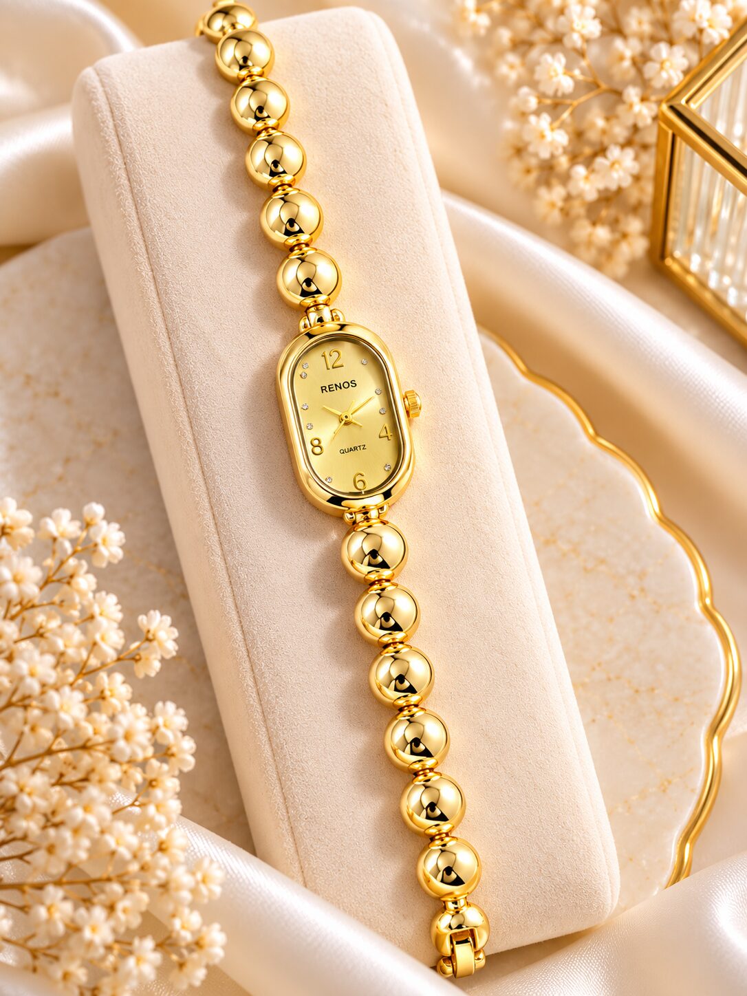 2026/10/1003582188.jpg Elegant Gold Beaded RENOS Quartz Bracelet Watch for Women - Image 1