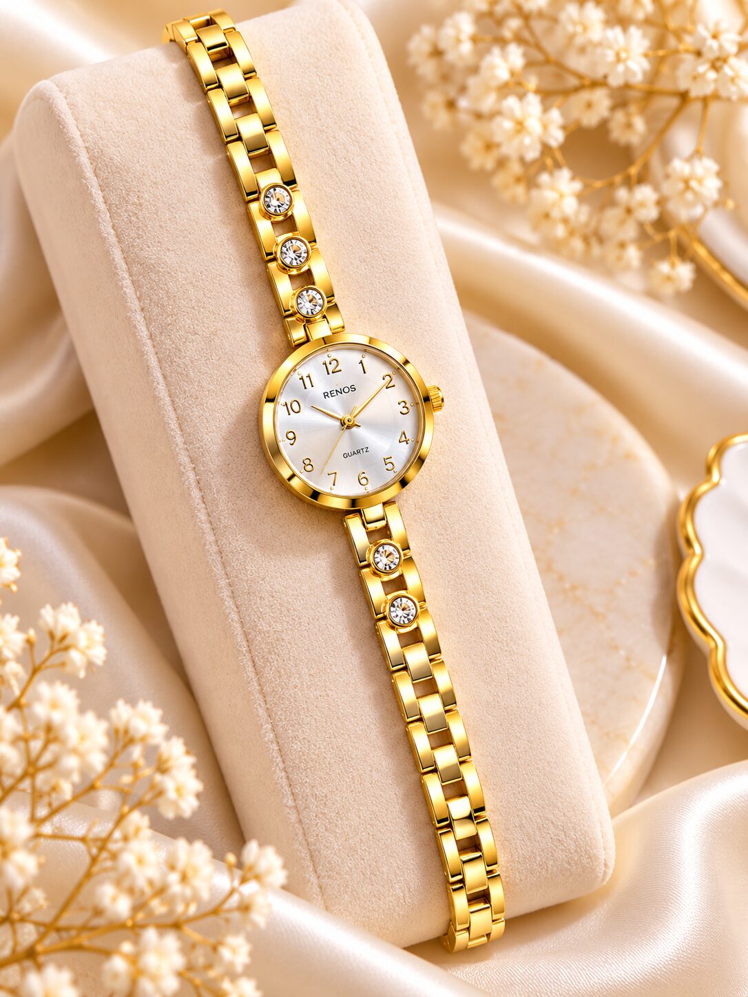 2026/10/1003582190.jpg Elegant Gold Crystal RENOS Quartz Bracelet Watch for Women - Image 1