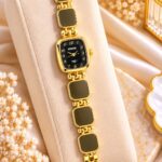 Elegant Gold Black Dial RENOS Square Bracelet Watch for Women