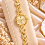 Elegant Gold Crystal RENOS Quartz Bracelet Watch for Women