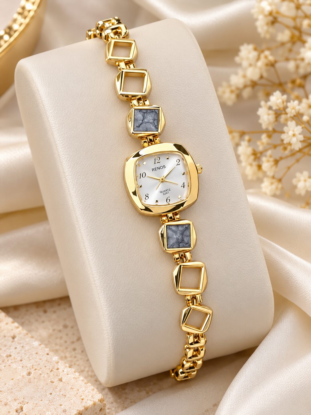 2026/10/1003582208.jpg Elegant Gold Square Link Women’s Watch | RENOS Quartz Designer Watch - Image 1