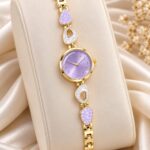 Elegant Gold & Lavender Heart Dial Women’s Watch | Quartz Designer Bracelet Watch