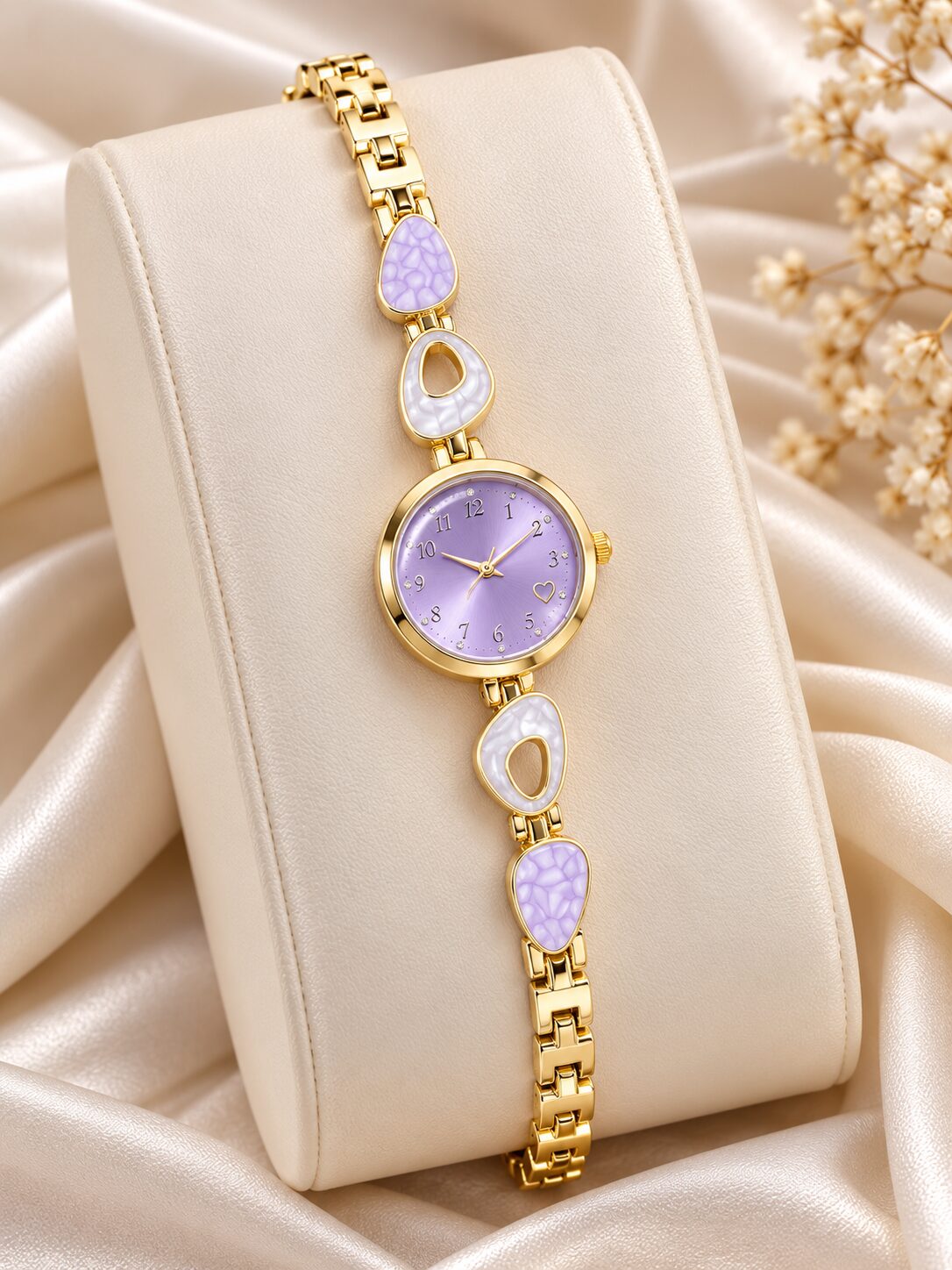 2026/10/1003582210-1.jpg Elegant Gold & Lavender Heart Dial Women’s Watch | Quartz Designer Bracelet Watch - Image 1