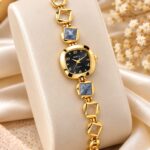 Elegant Gold & Black Square Dial Women’s Watch | Renos Quartz Designer Bracelet Watch