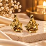 Elegant Gold-Tone Sculptural Earrings – Korean Designer Evening Statement Earrings
