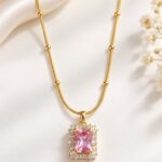 Premium Pink Crystal Pendant Necklace – Korean Style Gold Finish