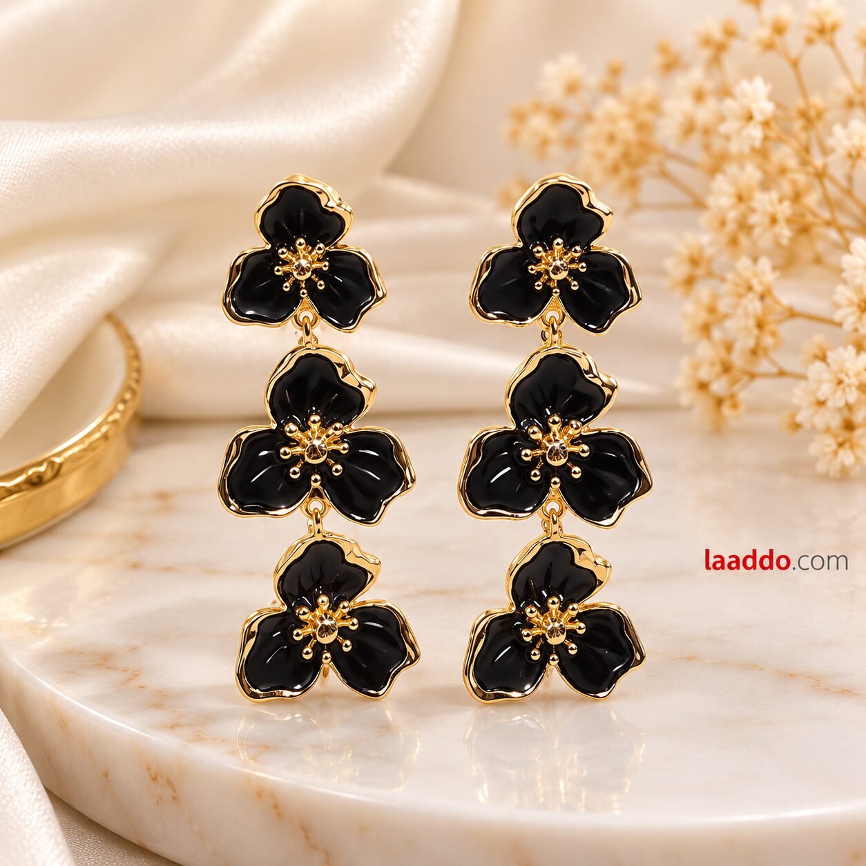 2026/10/1003582277.jpg Black Floral Drop Earrings | Gold-Plated Korean Fashion Jewellery - Image 1