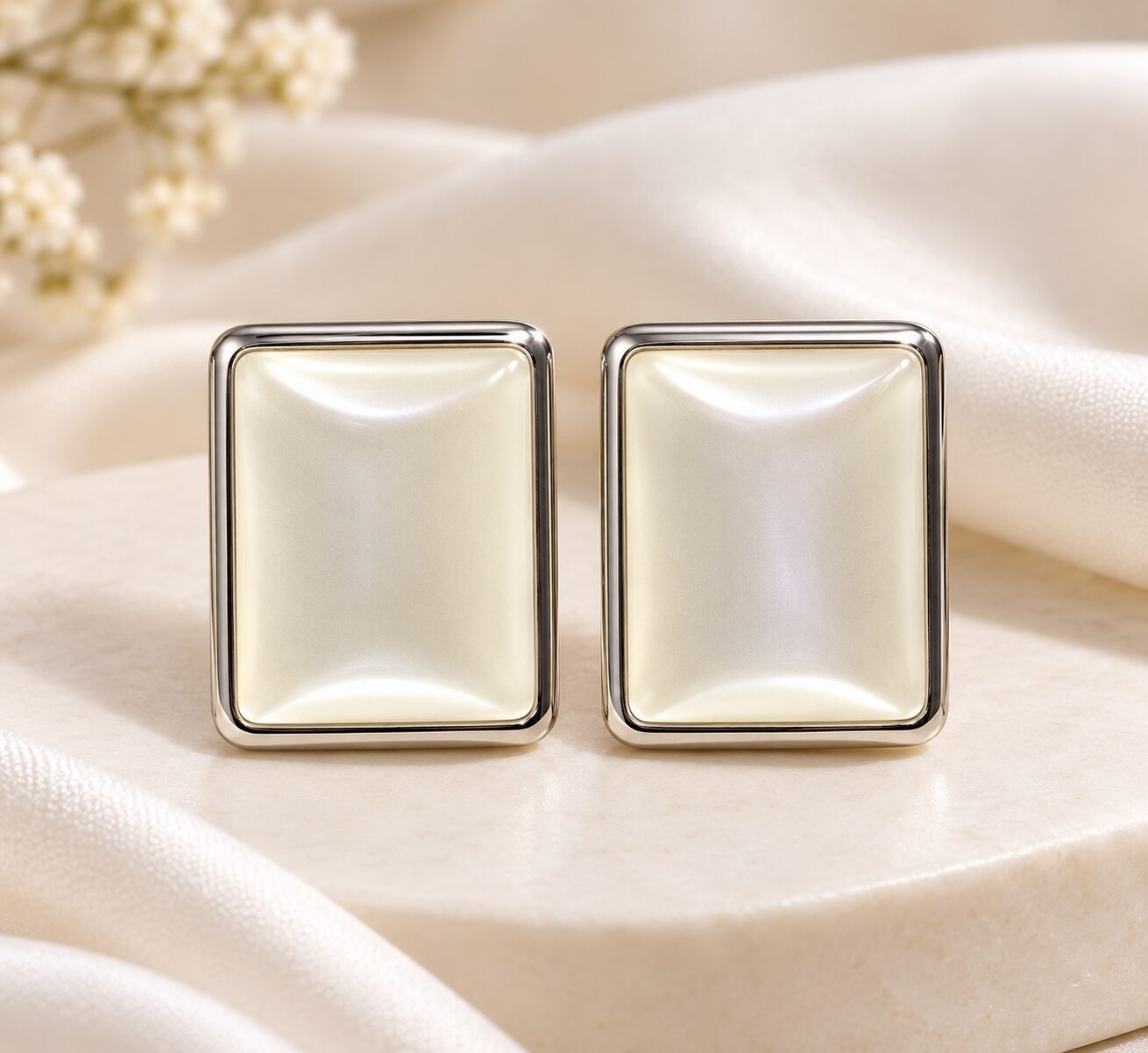 2026/10/1003582284.jpg Elegant Rectangular Pearl Finish Silver Stud Earrings - Image 1