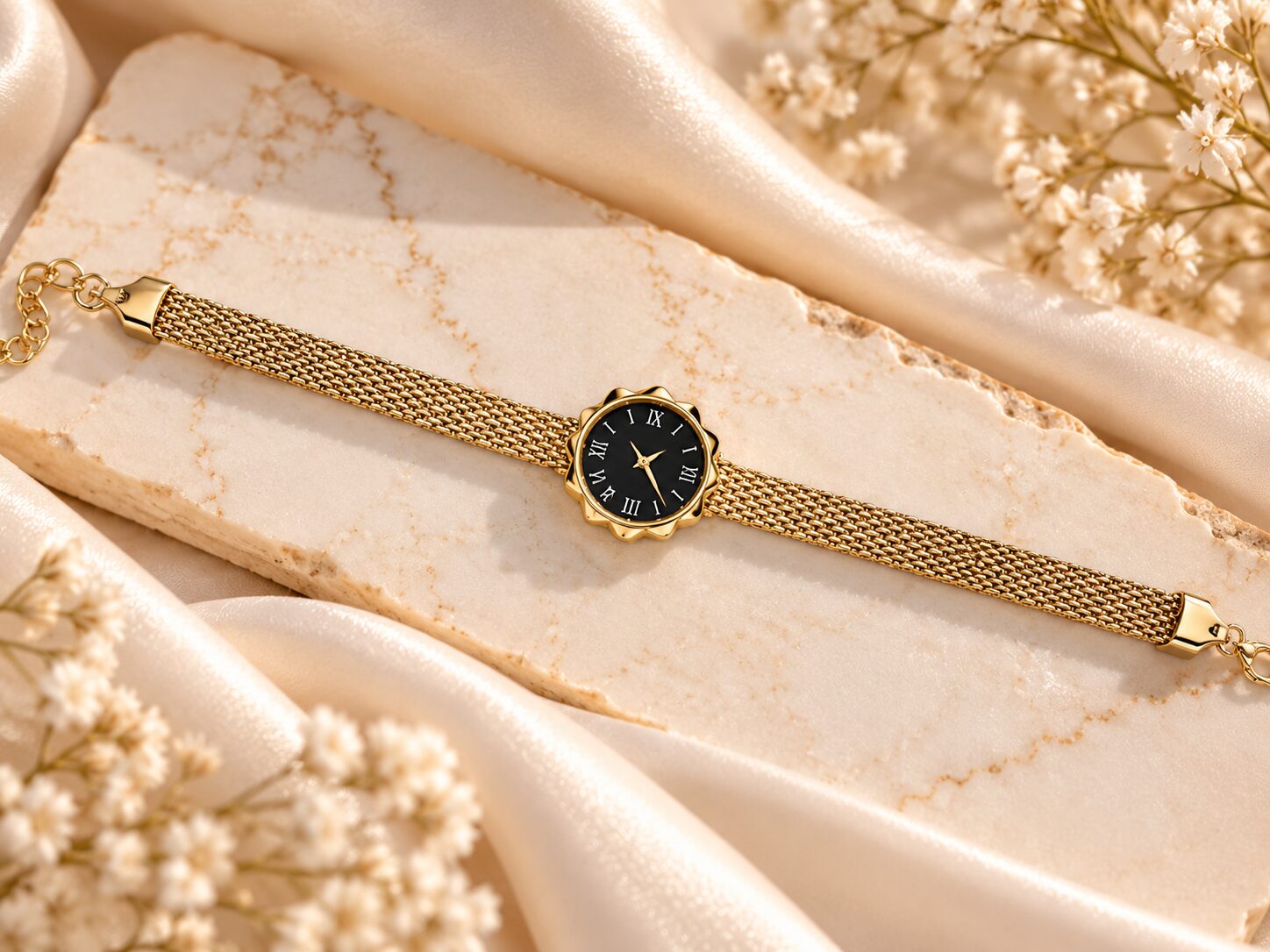 2026/10/1003582331.jpg Elegant Gold Mesh Strap Roman Dial Women’s Watch | Premium Luxury Bracelet - Image 1