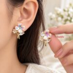 Korean Floral Pearl & Iridescent Crystal Earrings | Elegant Statement Earrings