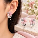 Korean Pink Floral Crystal Earrings | Elegant Silver Flower Stud Earrings