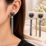 Korean Heart Crystal Long Drop Earrings | Silver Statement Earrings