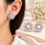 Korean Pearl Crystal Flower Earrings | Silver Bridal Statement Earrings