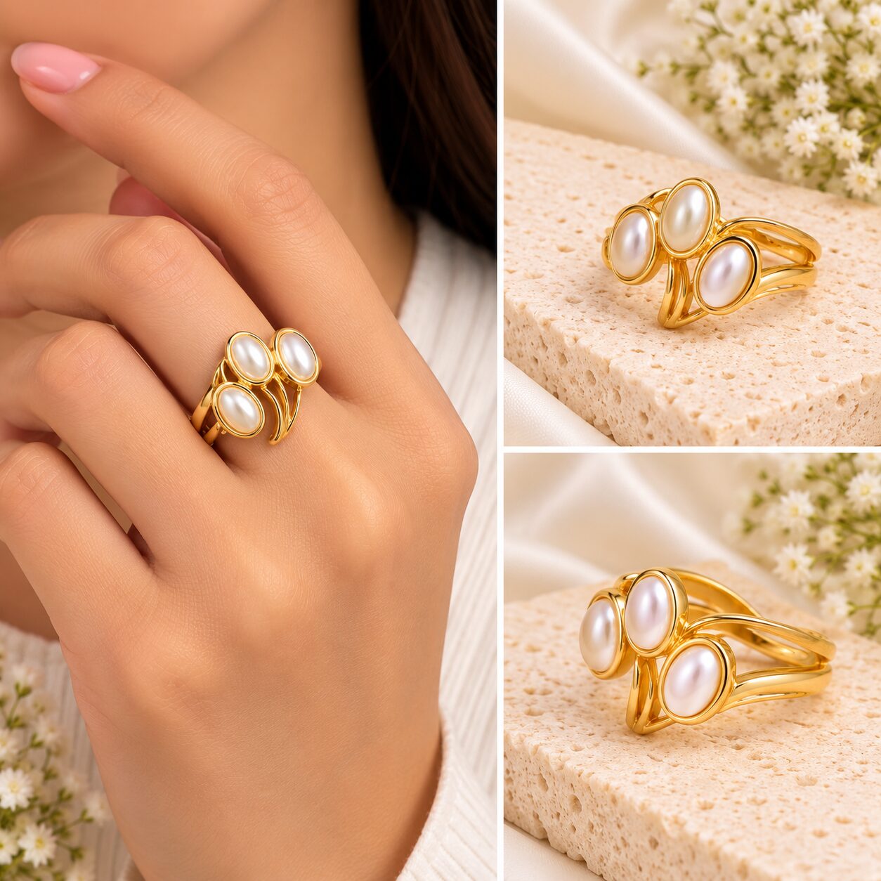 2026/10/1003582358.jpg Korean Triple Pearl Ring | Gold Statement Pearl Ring | Elegant Women's Ring - Image 1