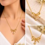 Korean Bow Pendant Necklace | Gold Anti-Tarnish Crystal Necklace | Elegant Women's Jewellery