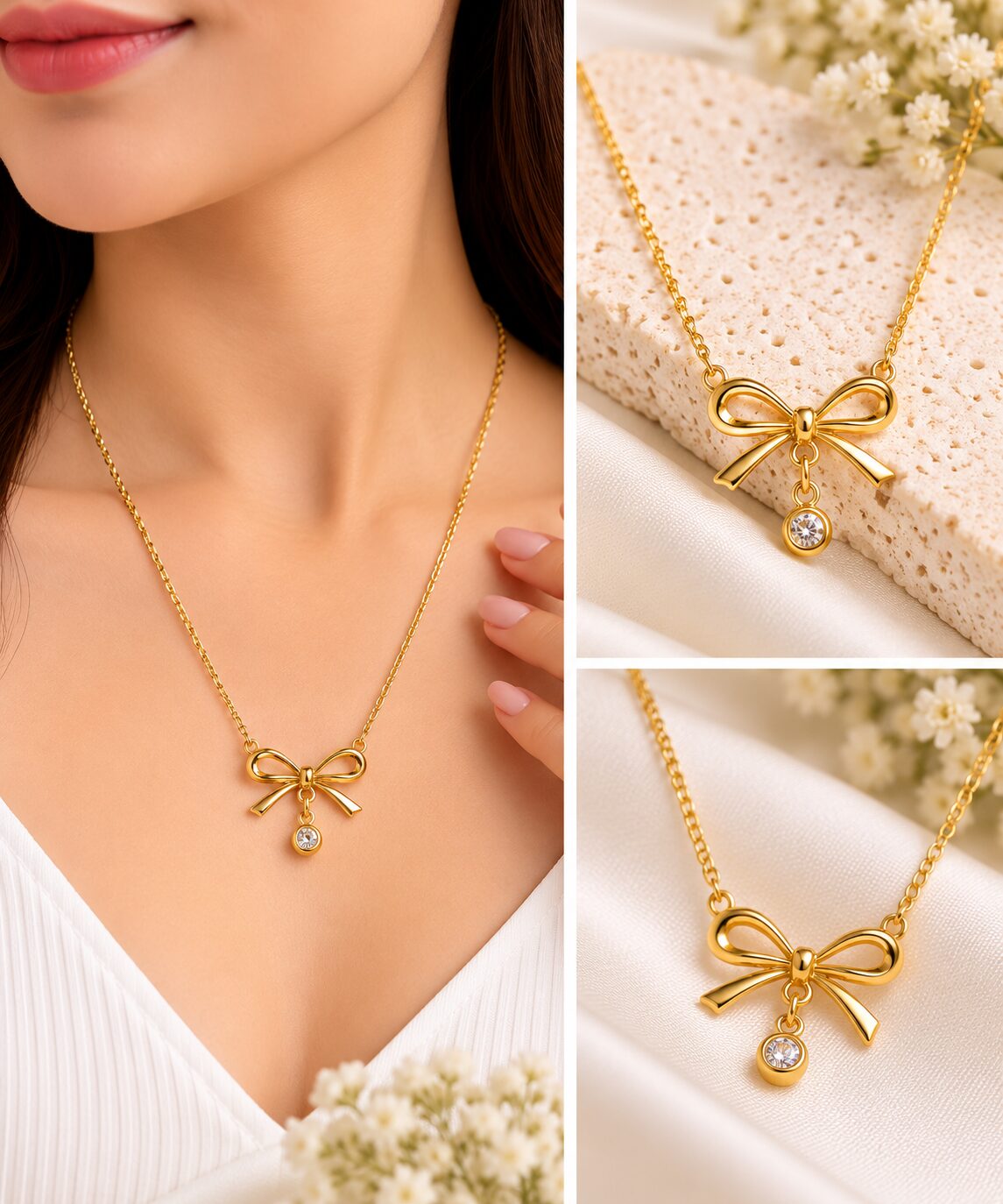 2026/10/1003582360.jpg Korean Bow Pendant Necklace | Gold Anti-Tarnish Crystal Necklace | Elegant Women's Jewellery - Image 1