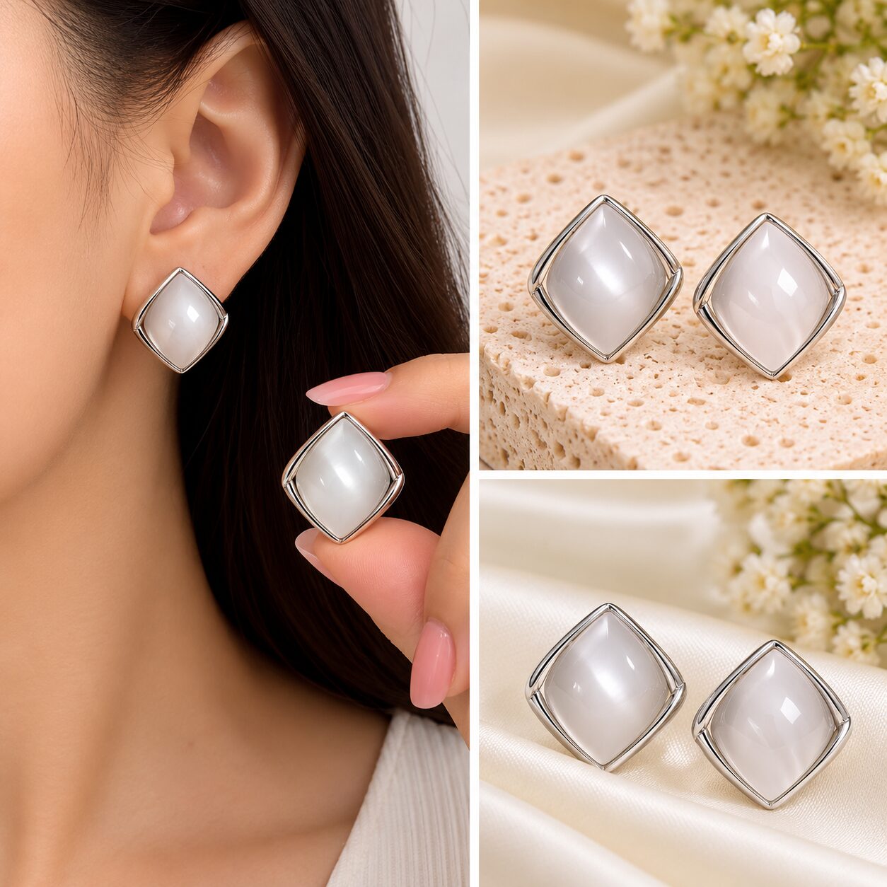 2026/10/1003582362.jpg Korean Pearl Square Stud Earrings | Silver Minimalist Statement Earrings - Image 1