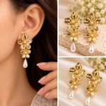 Korean Floral Pearl Drop Earrings | Gold Flower Bridal Statement Earrings