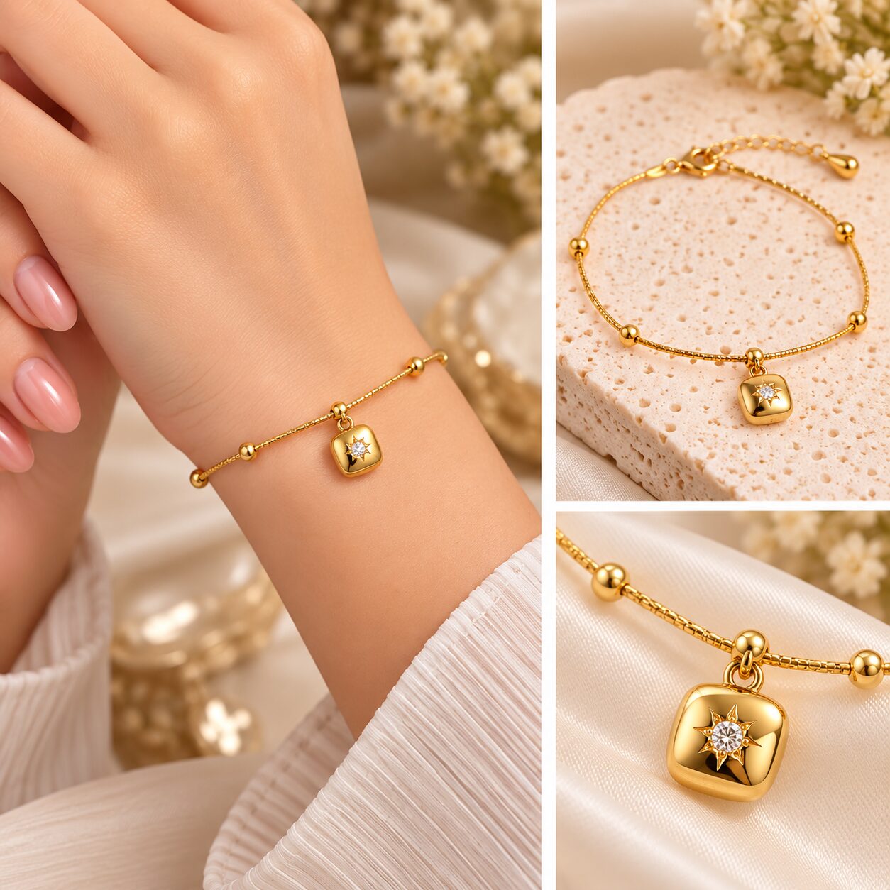 2026/10/1003582368.jpg Korean Square Charm Bracelet | Gold Beaded Anti-Tarnish Bracelet | Crystal Star Bracelet - Image 1