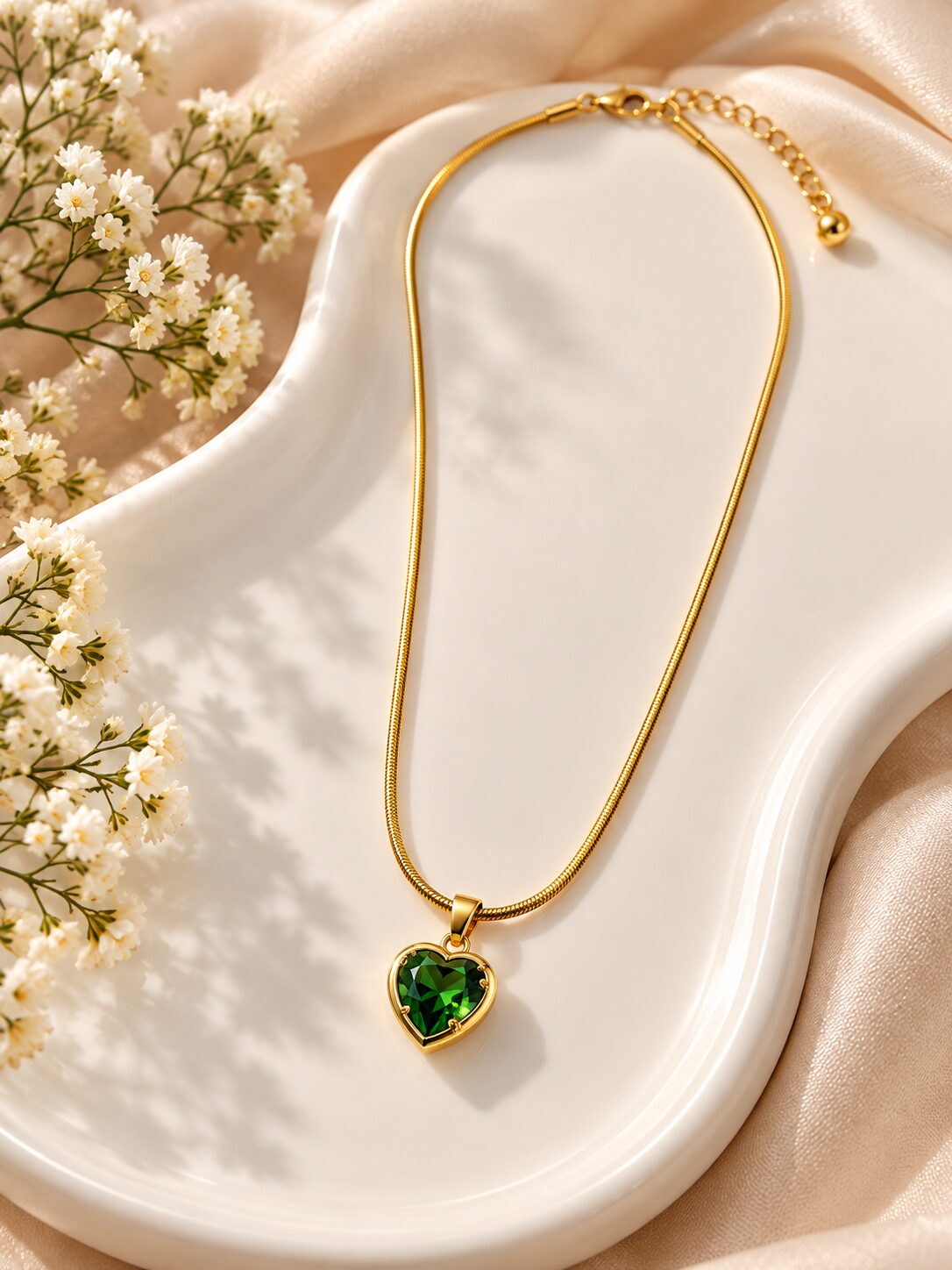 2026/10/1003582380.jpg Emerald Green Heart Pendant Necklace | Gold Tone Anti-Tarnish Stainless Steel Jewellery - Image 1