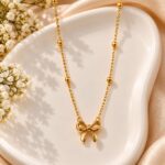Gold Bow Pendant Necklace with Beaded Chain | Korean Style Anti-Tarnish Jewellery