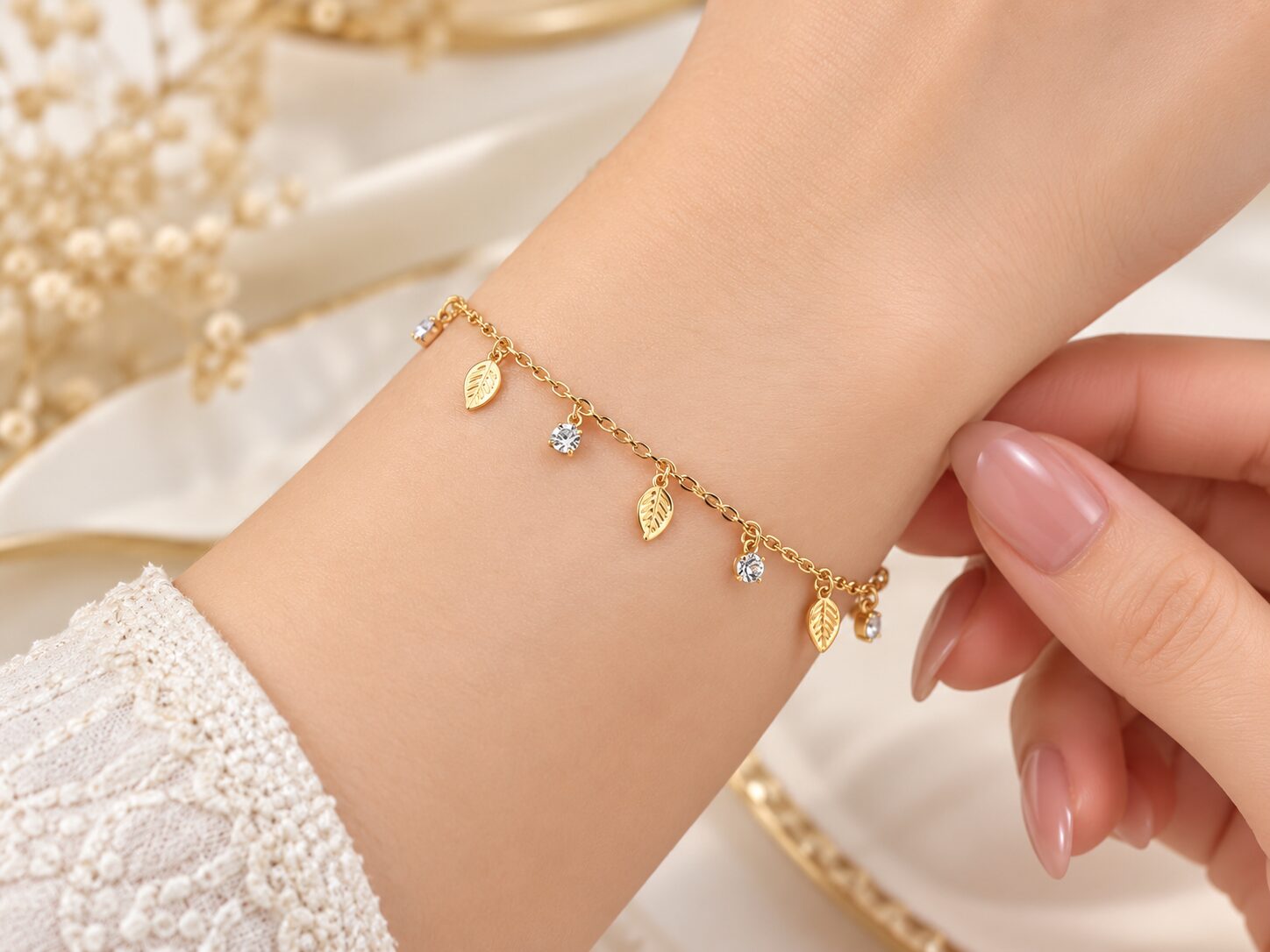 2026/10/1003582388.jpg Gold Plated Leaf & CZ Charm Bracelet | Elegant Anti-Tarnish Bracelet - Image 1