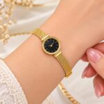 Elegant Gold Mesh Strap Black Dial Women’s Watch | Premium Fashion Watch