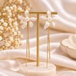 Elegant White Floral Pearl Long Drop Earrings – Gold Finish