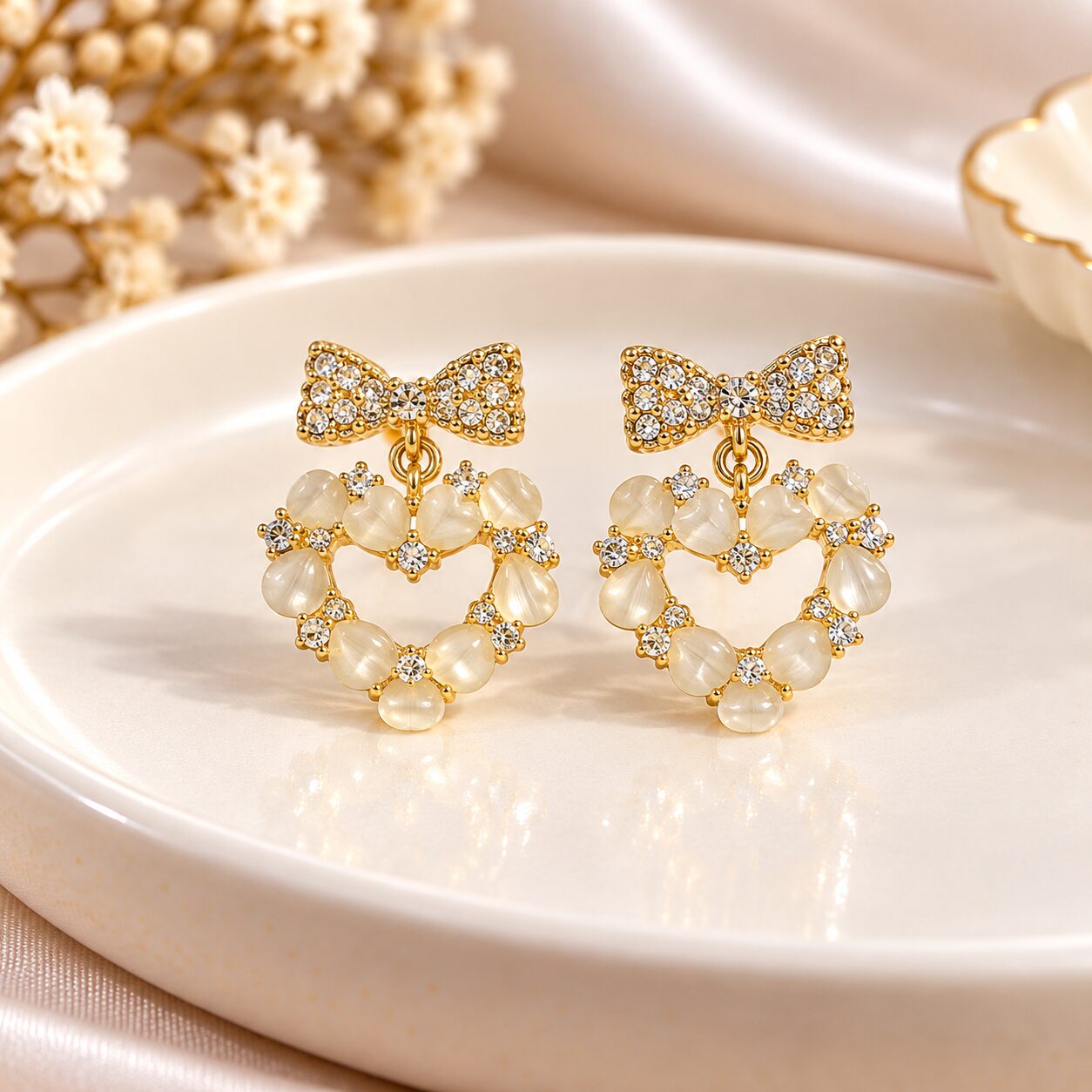 2026/10/1003582494-1.jpg Elegant Crystal Bow & Pearl Heart Drop Earrings – Gold Finish - Image 1