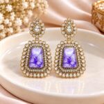 Elegant Lavender Stone Kundan Drop Earrings – Gold Finish