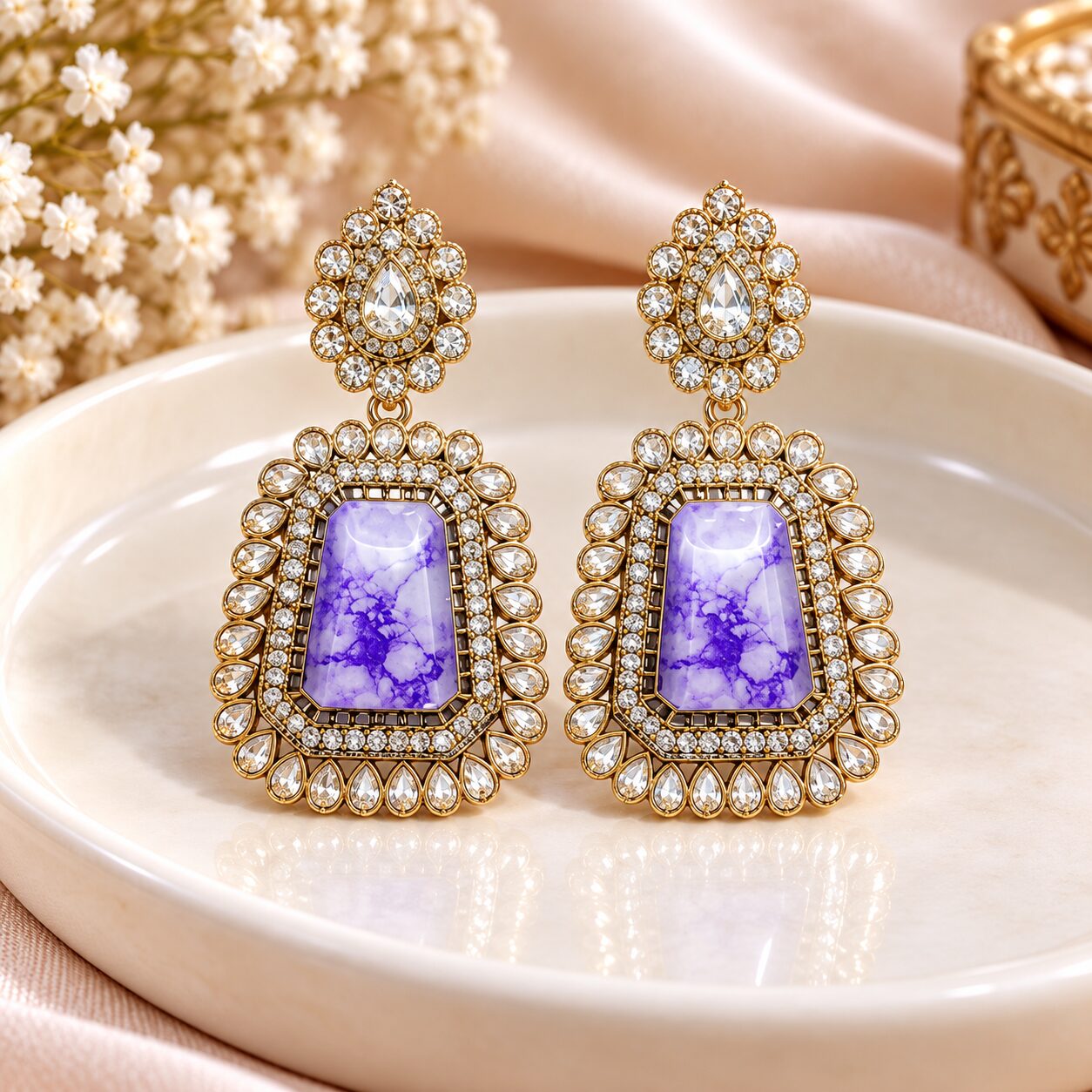 2026/10/1003582511.jpg Elegant Lavender Stone Kundan Drop Earrings – Gold Finish - Image 1