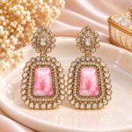 Elegant Pink Stone Kundan Chandelier Earrings – Gold Finish