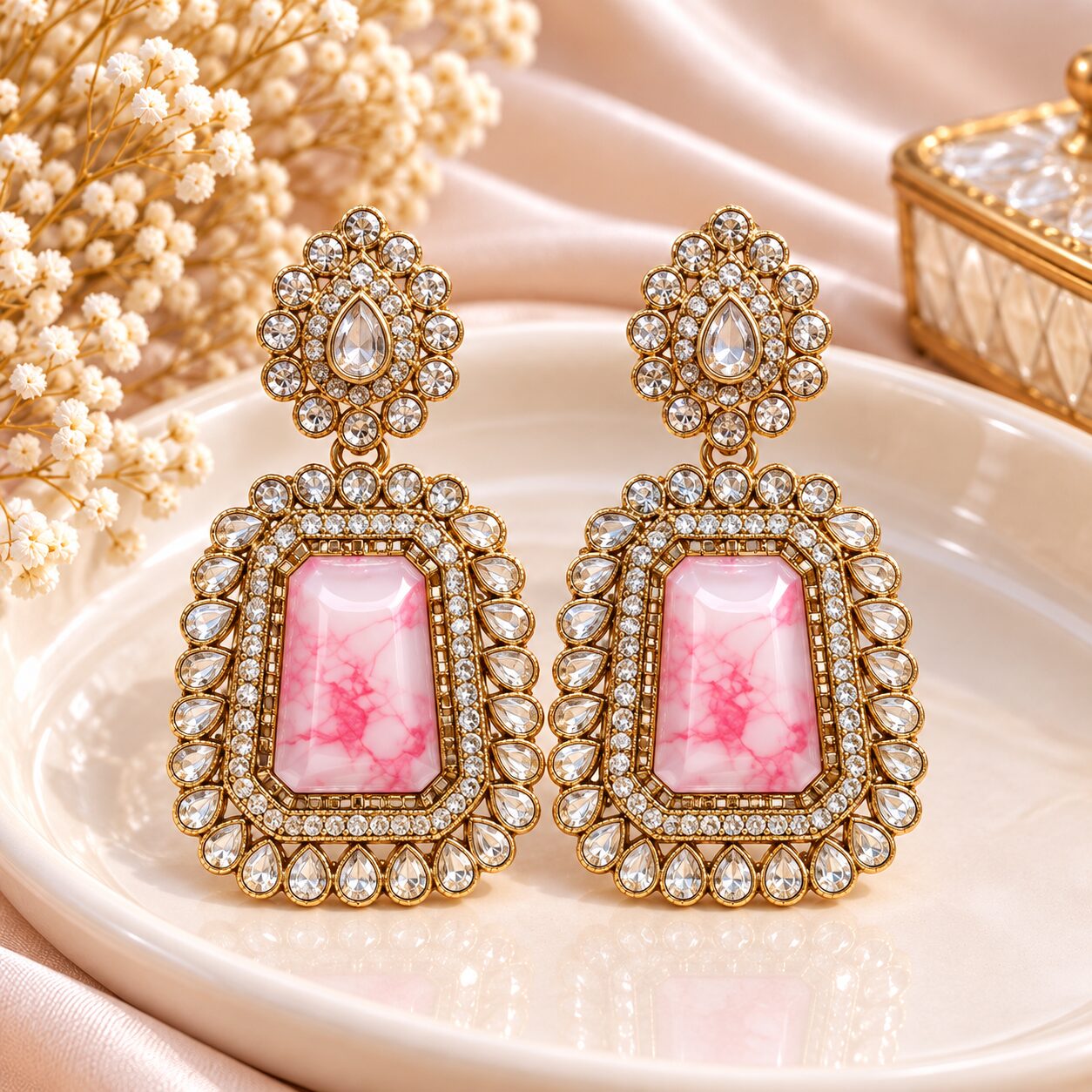 2026/10/1003582512.jpg Elegant Pink Stone Kundan Chandelier Earrings – Gold Finish - Image 1