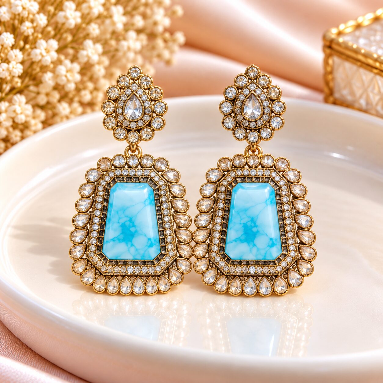 2026/10/1003582516.jpg Elegant Sky Blue Stone Kundan Chandelier Earrings – Gold Finish - Image 1