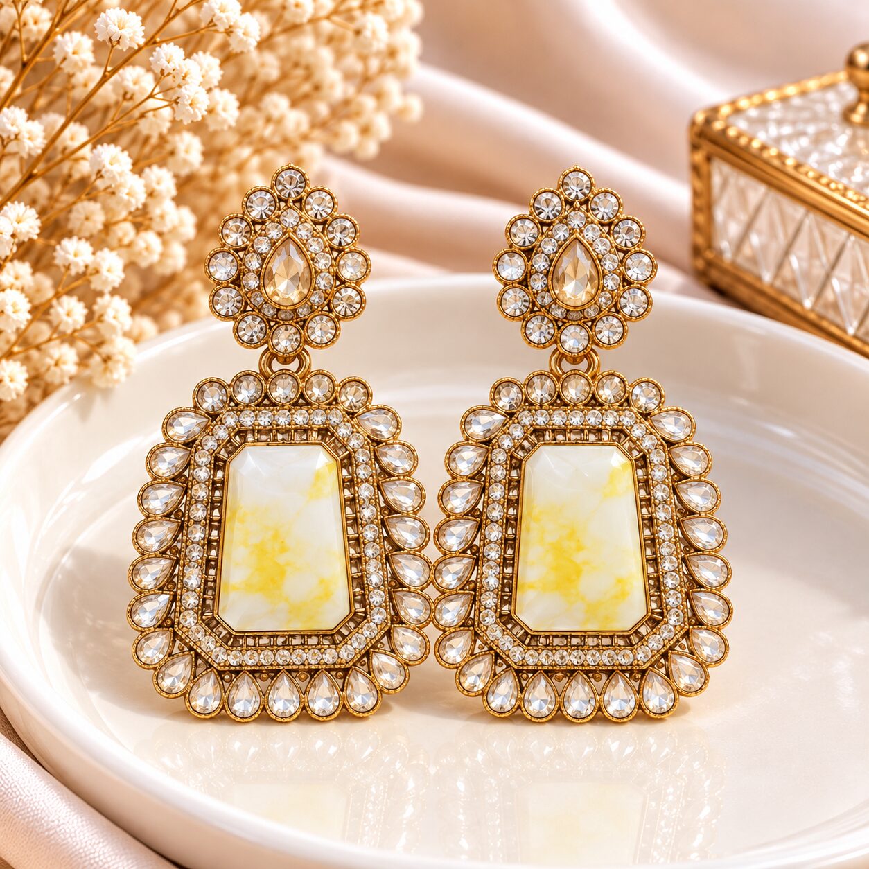 2026/10/1003582518-1.jpg Elegant Cream Yellow Stone Kundan Chandelier Earrings – Gold Finish - Image 1
