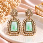 Elegant Mint Green Stone Kundan Chandelier Earrings – Gold Finish