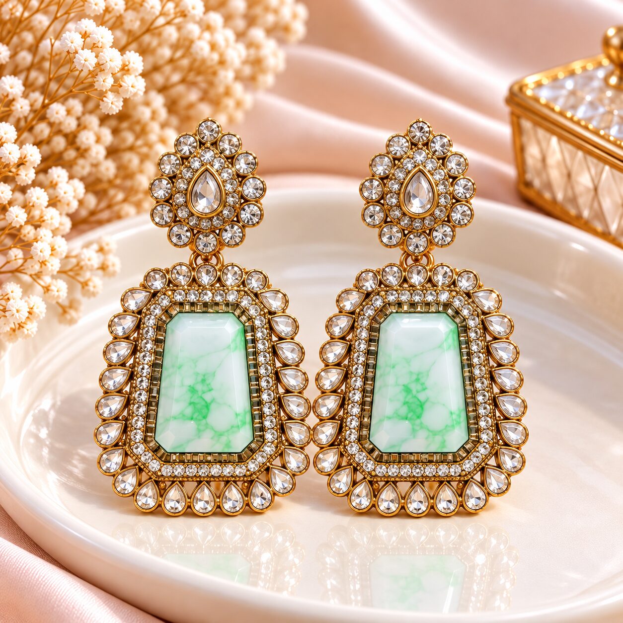 2026/10/1003582522-1.jpg Elegant Mint Green Stone Kundan Chandelier Earrings – Gold Finish - Image 1