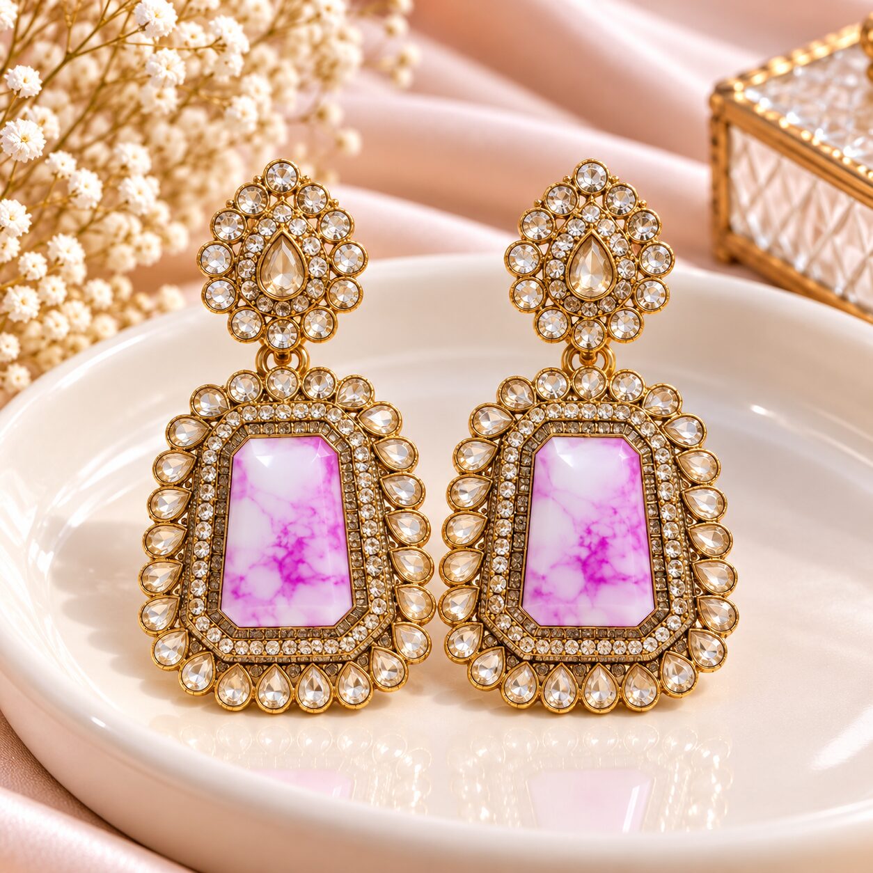 2026/10/1003582523-1.jpg Elegant Pink Marble Stone Studded Drop Earrings - Image 1